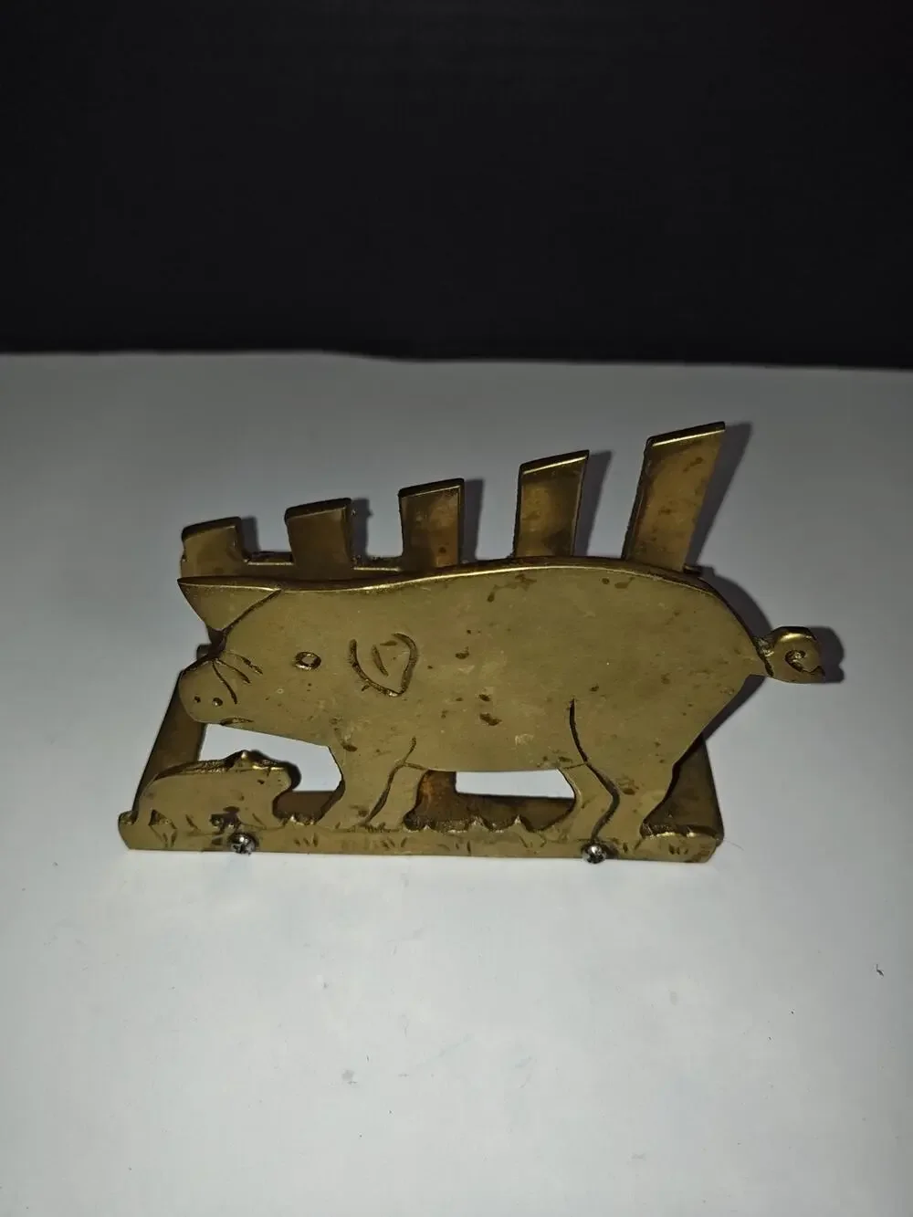 Vintage Brass Farm Pig Family & Fence Napkin Letter Holder Homestead Old Kitchen